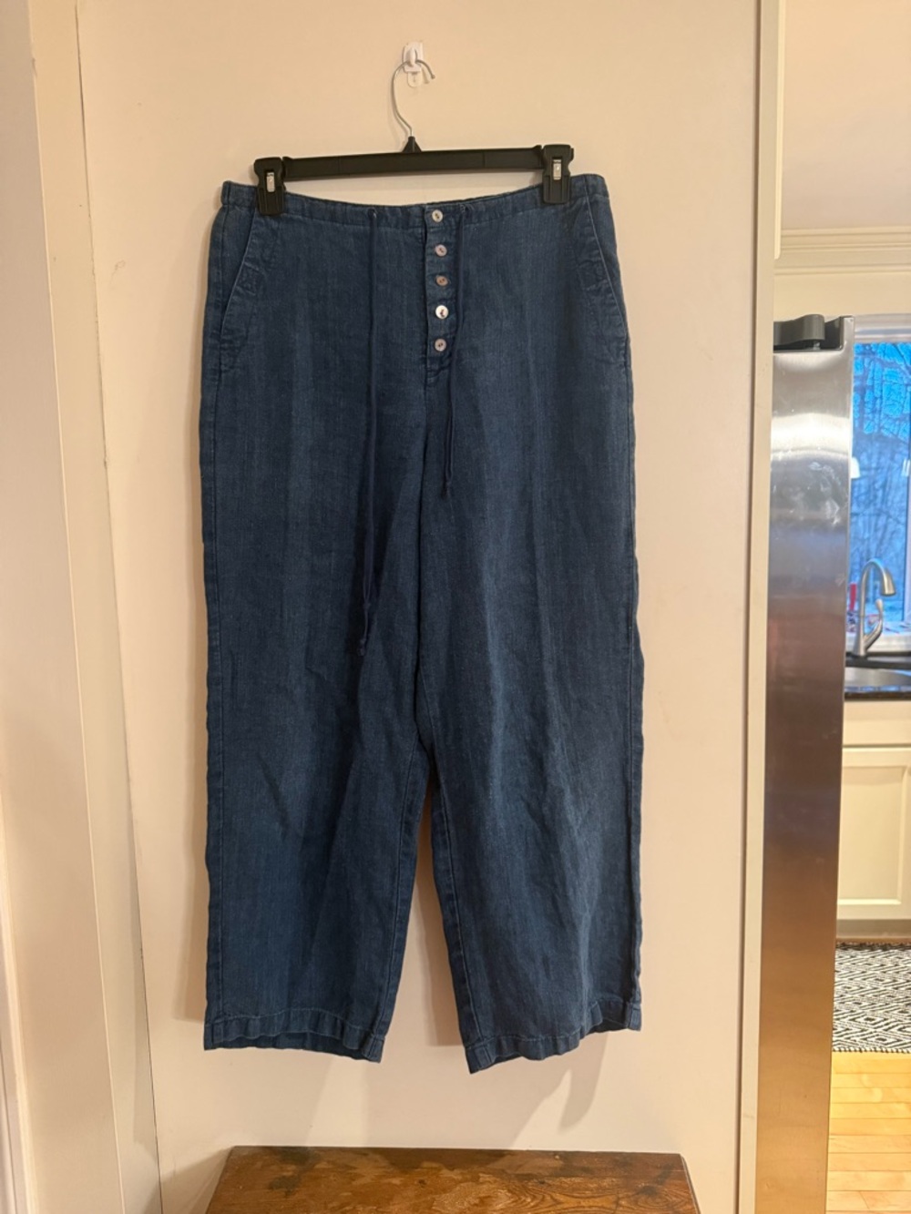 Eddie Bauer Dark Blue Linen-Blend Pants with Button Detail